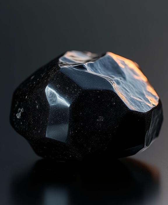 Primer plano de una roca de obsidiana pulida, reflejando la luz.